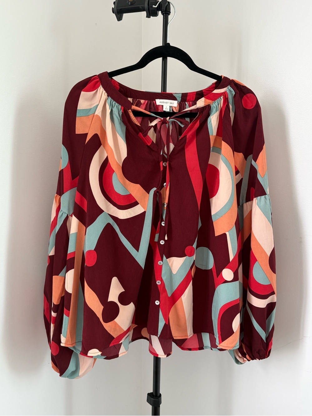 August Sky Burgundy Abstract Print Peasant Blouse